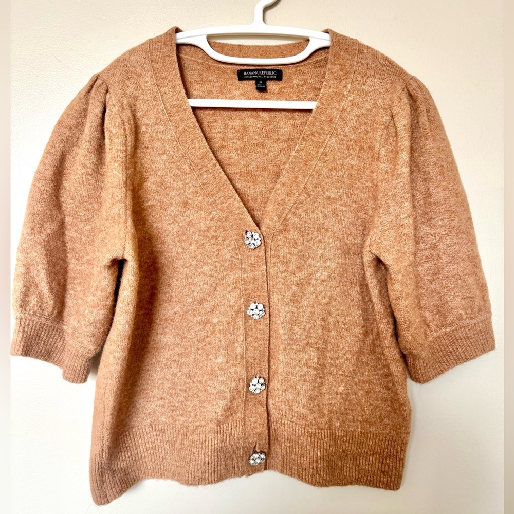Banana Republic Camel Tan Embellish Jewel Cardigan Sweater Alpaca Wool Cozy Soft